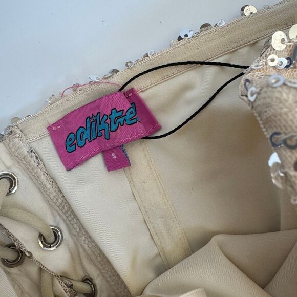 Edikted Wavy Baby Sequin Strapless Corset Lace Up Back Gold Silver Size Small - Picture 5 of 6